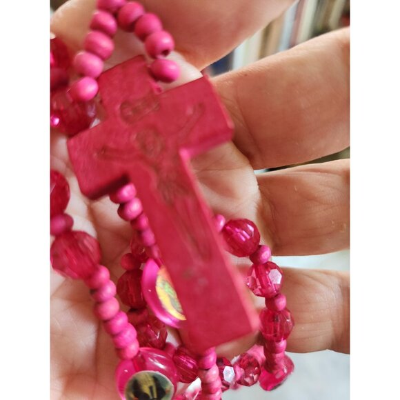 Pink Fuchsia Cross Necklace – Etched Wooden Crucifix with Plastic & Wood Beads - Picture 2 of 10